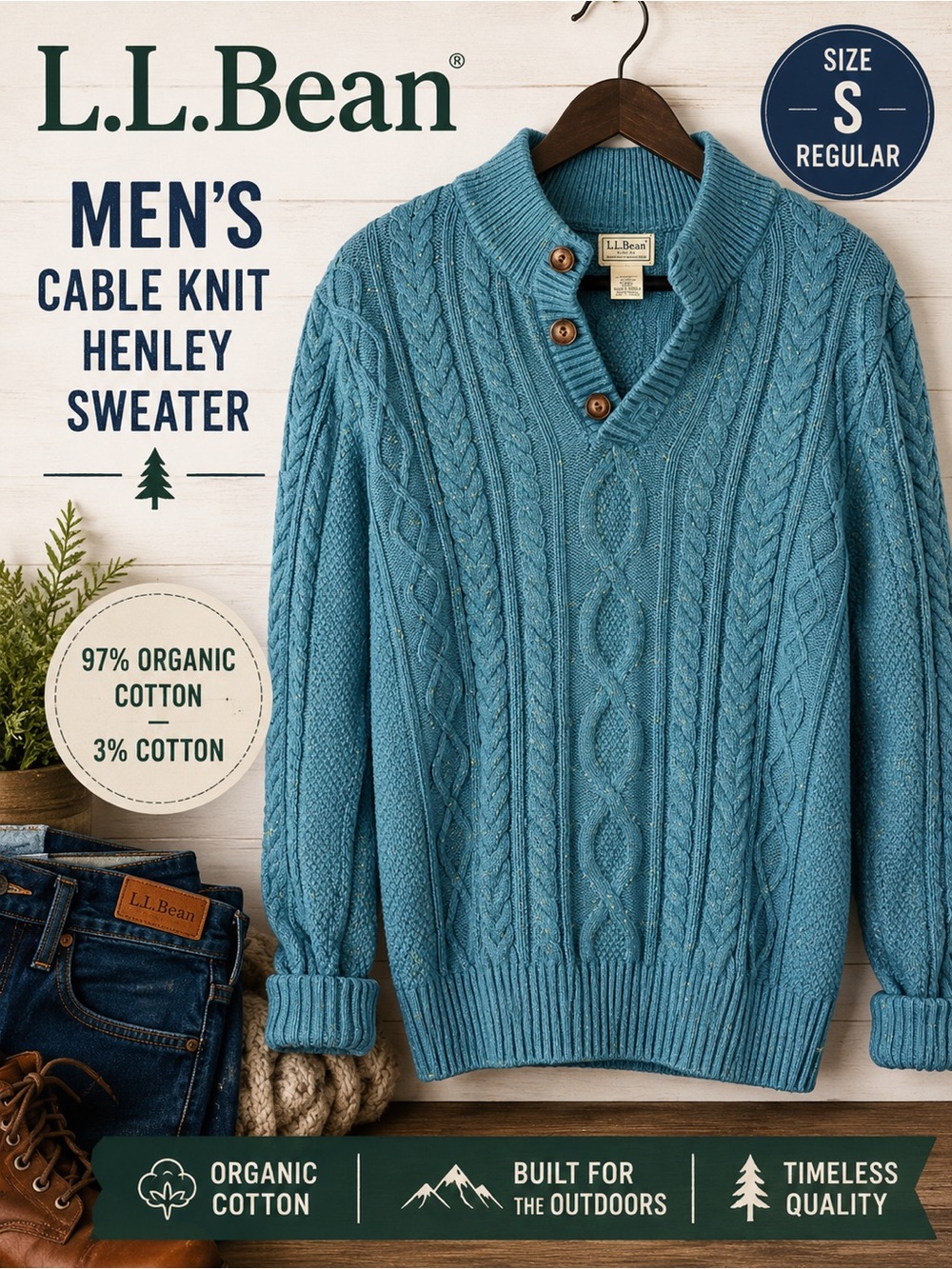 L.L. Bean Men's Organic Cable Knit Henley Sweater - Teal Donegal Size Small